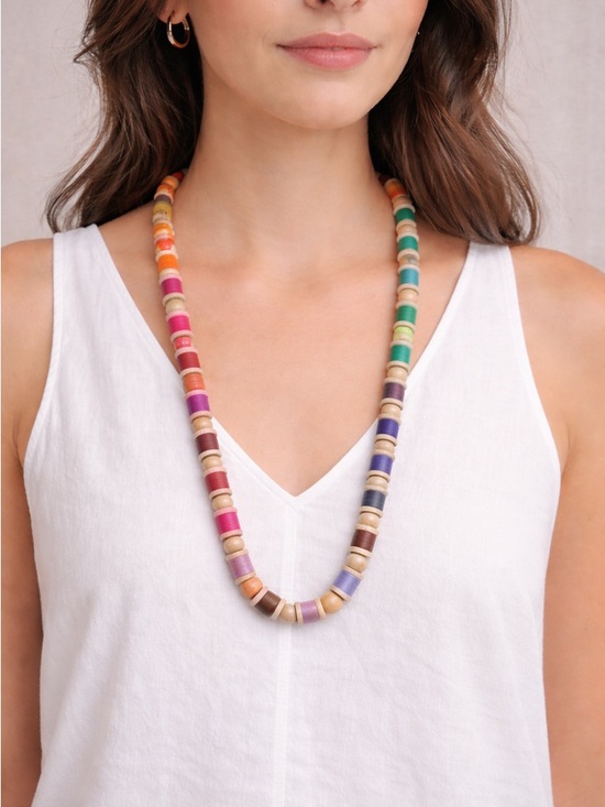 Jewelry - Colorful Wooden Thread Spool Beaded Necklace / Boho Rainbow Artisan Statement